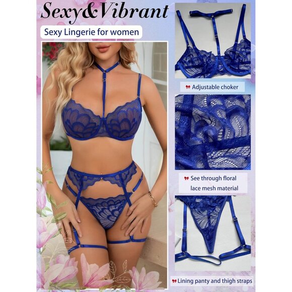 Women's Royal Blue Sexy Lingerie Set Push Up Lace Garter Belt Bra And Panty Set - Picture 2 of 5